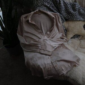 Sz S Dusty Pink Silk Oxford Button-Up Blouse H&M